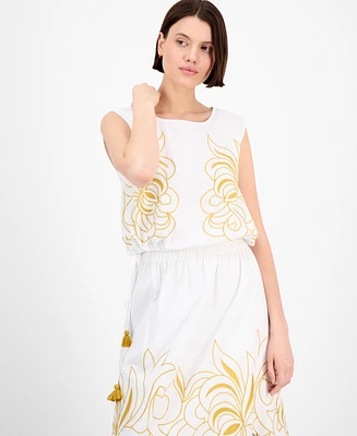 Avec Les Filles Women's Sleeveless Embroidered Drawstring-Hem Top