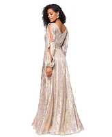Betsy & Adam Women's Metallic Crinkled Blouson-Sleeve Gown