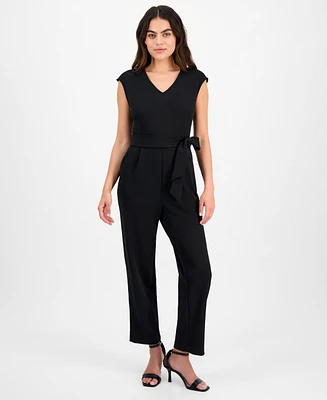 Ak Anne Klein Petite V-Neck Belted Crepe Jumpsuit
