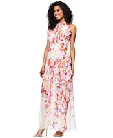 Betsy & Adam Women's Floral Print Ruffled Sleeveless Gown