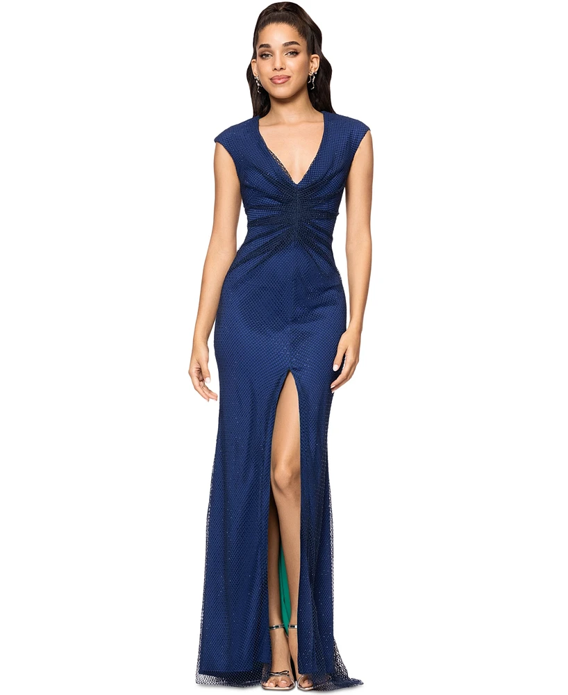 Betsy & Adam Women's V-Neck Rhinestone-Mesh Long Bodycon Dress
