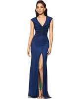 Betsy & Adam Women's V-Neck Rhinestone-Mesh Long Bodycon Dress