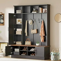 3-in-1 Hall Tree Bench with Storage, 6 Hooks, Adjustable Shelves, 55"W