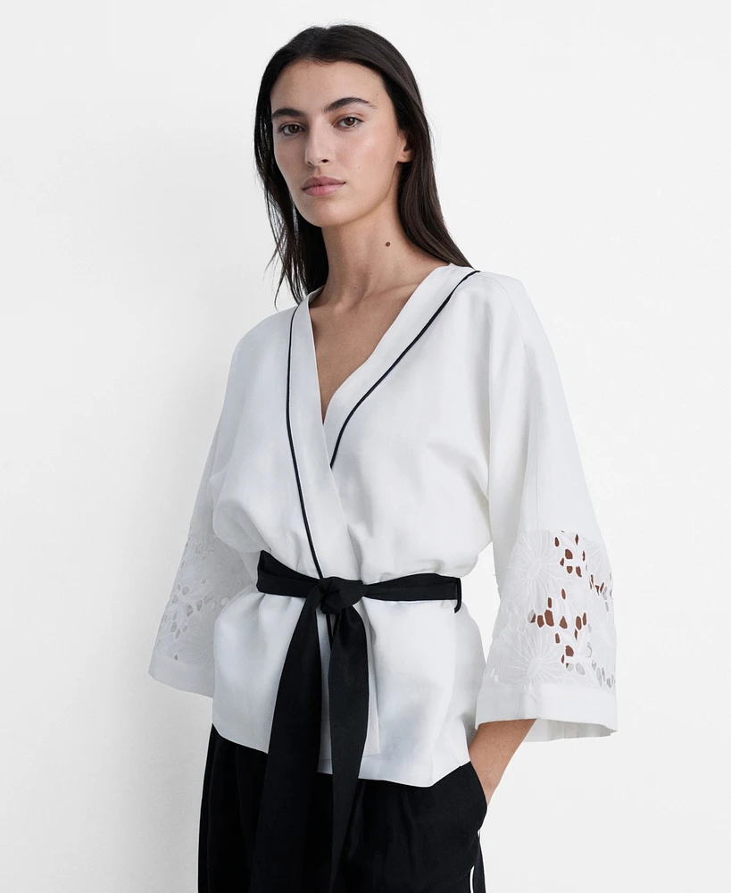 Mango Women's Openwork Details Linen Blend Caftan