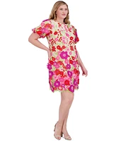 Eliza J Plus 3D Embroidered-Florals Puff-Sleeve Dress