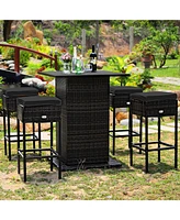 5 Pieces Patio Rattan Bar Furniture Set with Cushions and Hidden Storage Shelf For Outdoor