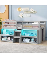 Twin Size Loft Bed with Led Lights with Staircase and Safety Guardrail