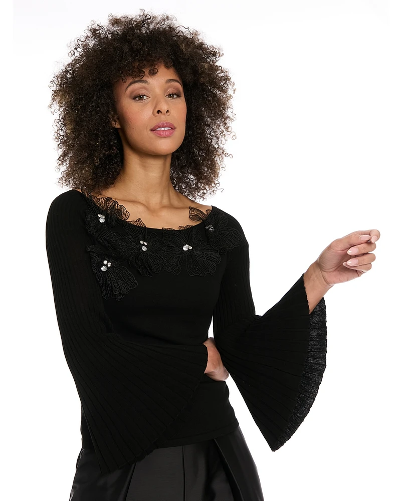 Muse Women's Beaded 3D Floral Applique Bell-Sleeve Top