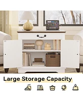 Farmhouse End Table with Charging Station, 23.6" Large Sofa Side Table with Drawer and Back Storage Shelf