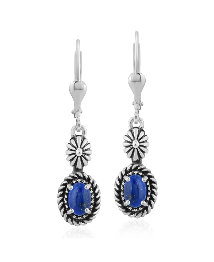 American West Jewelry Sterling Silver Lapis Gemstone Floral and Rope Design Dangle Earrings