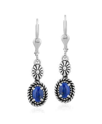 American West Jewelry Sterling Silver Lapis Gemstone Floral and Rope Design Dangle Earrings