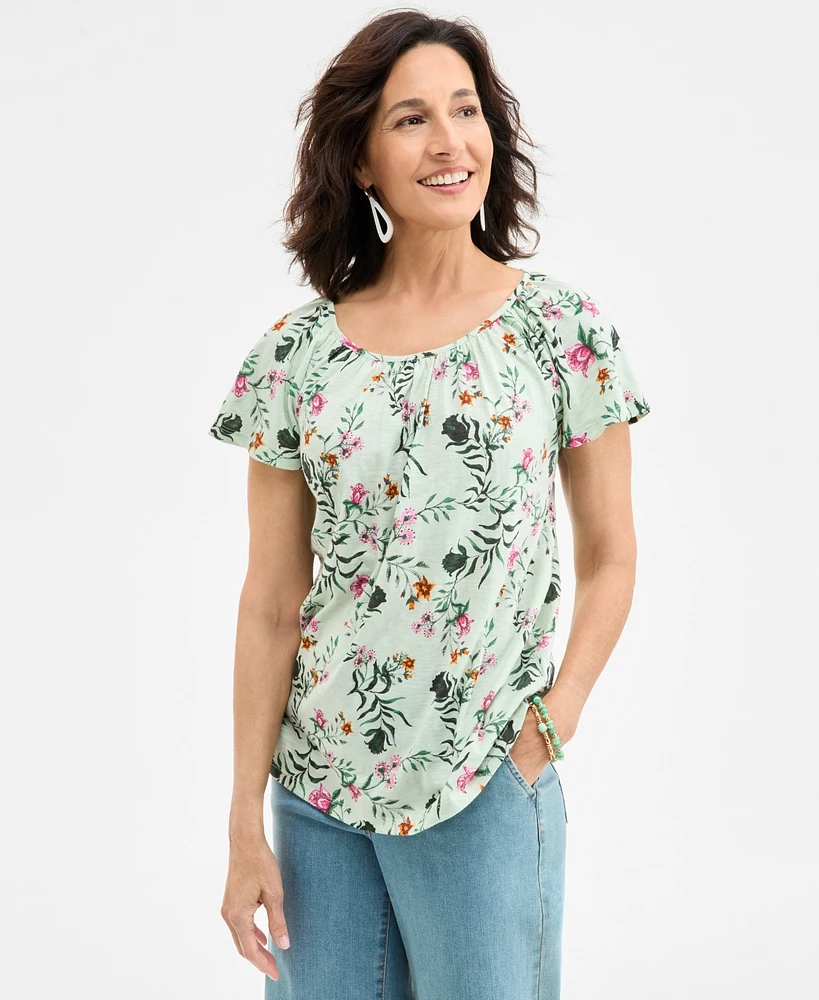 Style & Co Petite Floating Fauna Flutter-Sleeve Knit Top, Exclusively at Macy's