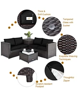 Gymax Set of 4 Patio Rattan Furniture Set Cushioned Loveseat Storage Table Outdoor
