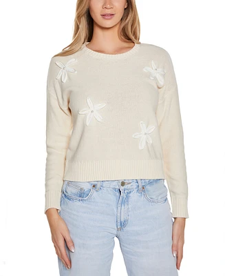 Belldini Women's 3D Floral Crewneck Trim Sweater