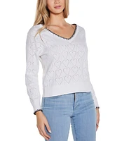 Belldini Women's Heart Pointelle V-Neck Sweater