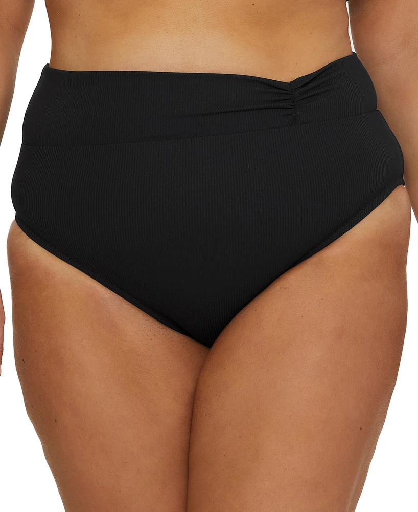 Becca Etc Plus Modern Edge Rib Shirred High-Waist Bikini Bottoms