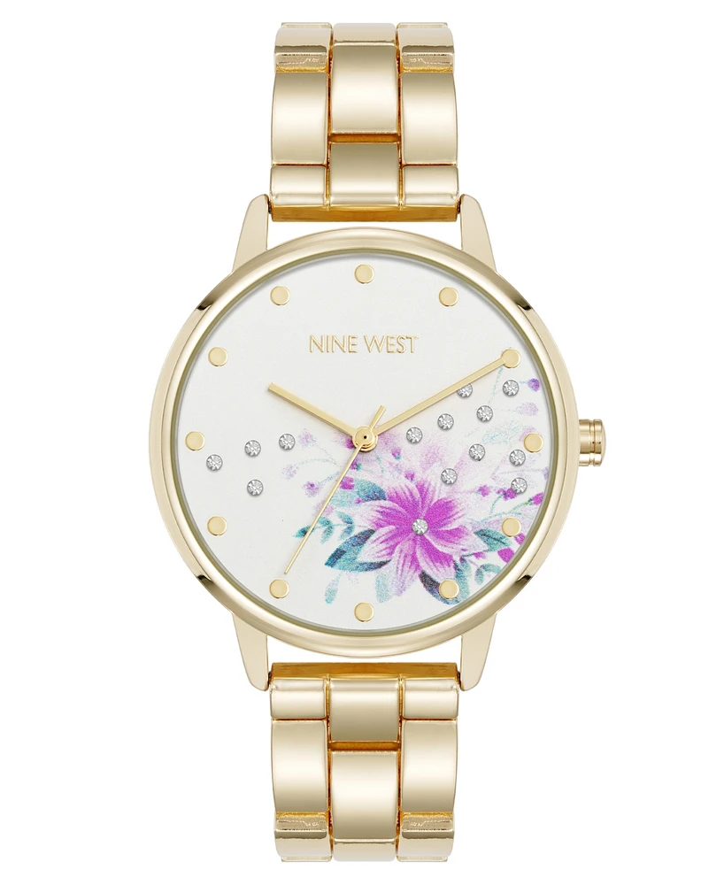 Nine West Women's Quartz Gold-Tone Metal Alloy Delicate Floral Dial Watch, 36mm