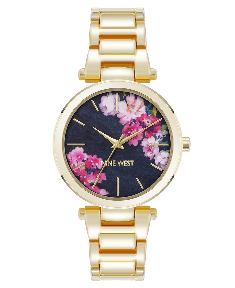 Nine West Women's Quartz Gold-Tone Metal Alloy Floral Dial Watch