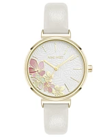 Nine West Women's Quartz Boyfriend Gold-Tone and White Polyurethane Leather Band Watch, 36mm