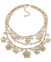 Anne Klein Gold-Tone Mixed Stone Flower Layered Statement Necklace, 16" + 3" extender