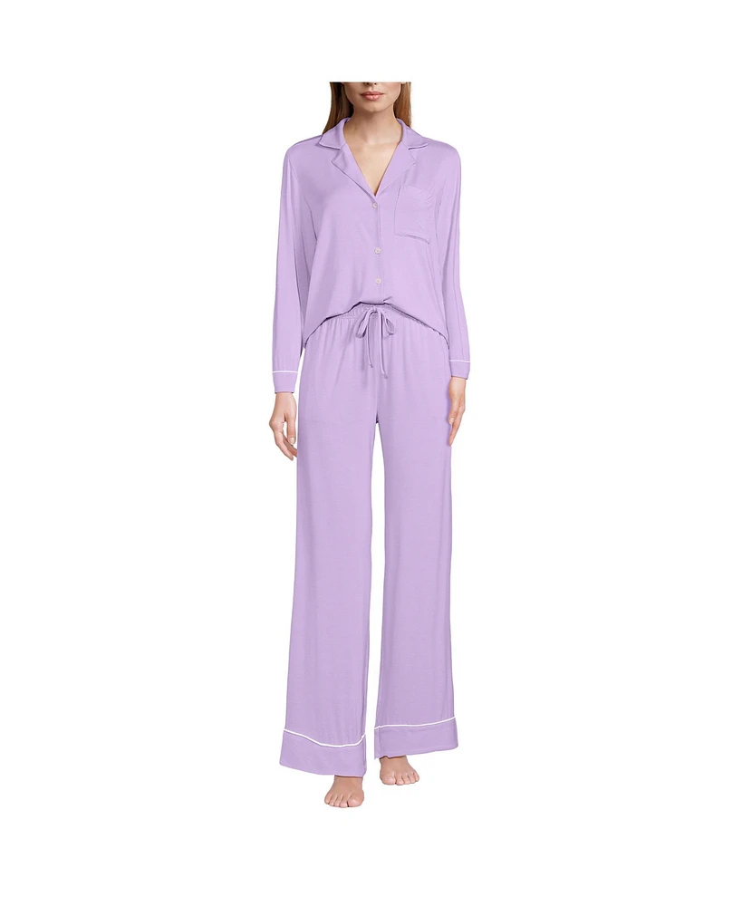 Lands' End Women's Petite Cooling 2 Piece Pajama Set - Long Sleeve Top and Pants