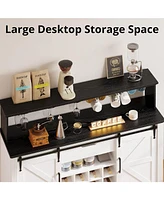 Farmhouse Coffee Bar Cabinet with Sliding Barn Doors and Led Lights