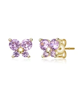 GiGiGirl Sterling Silver 14K Gold Plated with Pink Cubic Zirconia Four-Stone Butterfly Cluster Stud Earrings