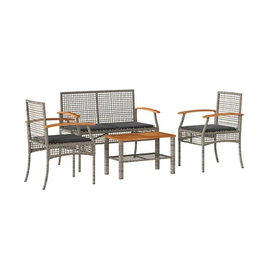 4 Piece Patio Lounge Set with Cushions Gray Poly Rattan