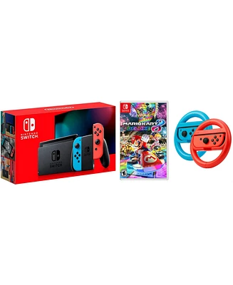 Nintendo Switch Console Neon Red & Blue with Mario Kart 8 Deluxe, Joy-Con Steering Wheel Set