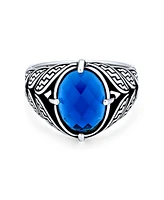 Bling Jewelry Unisex Mens Stainless Steel Oval Blue Sapphire Cz Ring Oxidized Silver