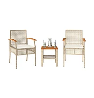 3 Piece Bistro Set with Cushions Beige Poly Rattan Acacia Wood