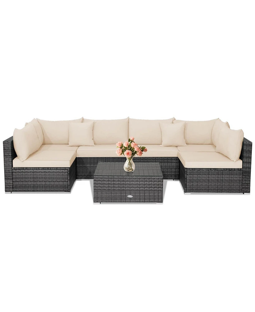 Gymax Set of 7 Rattan Furniture Set Sectional Sofa Cushioned Patio