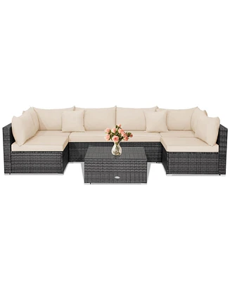 Gymax Set of 7 Rattan Furniture Set Sectional Sofa Cushioned Patio