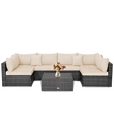 Gymax Set of 7 Rattan Furniture Set Sectional Sofa Cushioned Patio