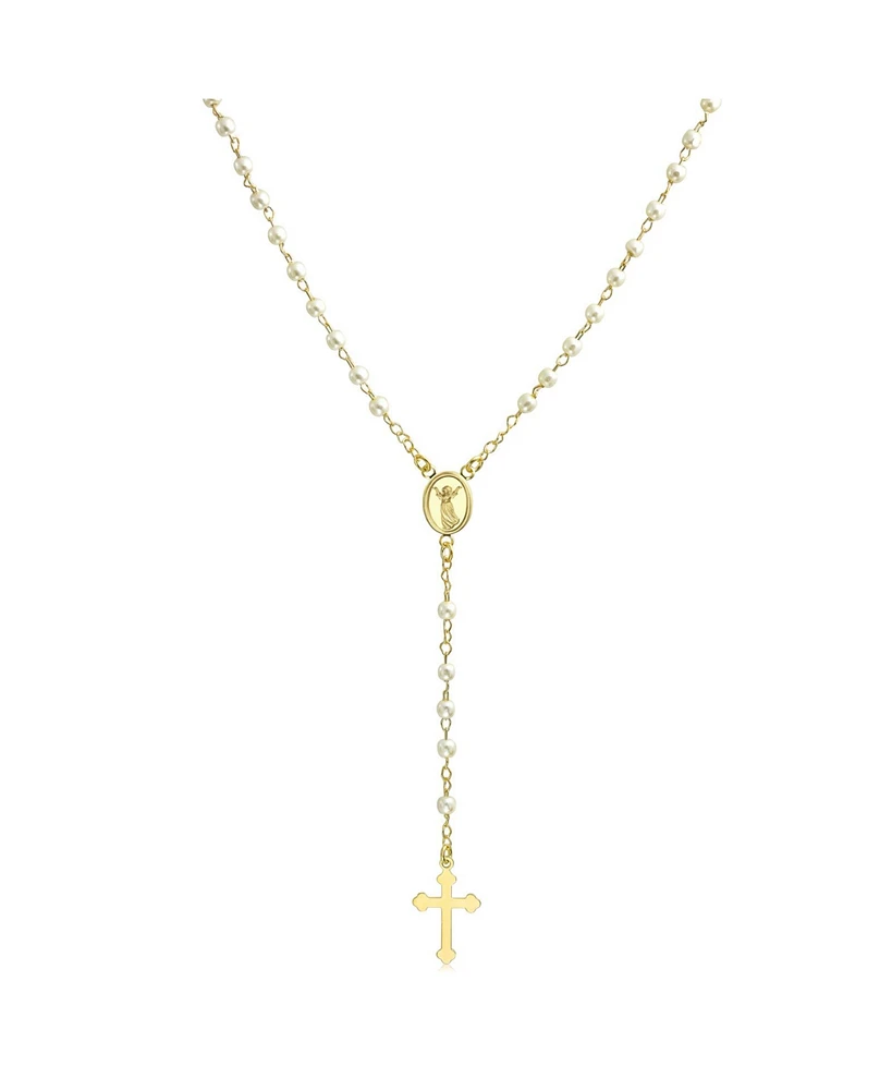 Bling Jewelry Dainty Religious Guardian Angel Rosary Necklace with White Simulated Pearls 18K Gold