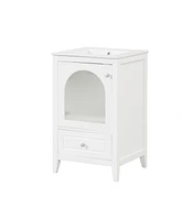 20" Bathroom Vanity with Sink, Bathroom Cabinet with Soft Closing Glass Door, A Drawer, White