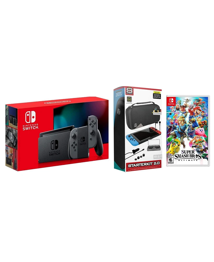 Nintendo Switch 32GB Console Gray Joy-Con Bundle with Surge 11-In-1 Accessory Starter Pack and Super Smash Bros. Ultimate