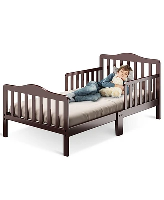 Classic Design Kids Wood Toddler Bed Frame with Two Side Safety Guardrails