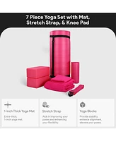 BalanceFrom Fitness 7 Piece Yoga Set with Mat, Stretch Strap, & Knee Pad, Pink