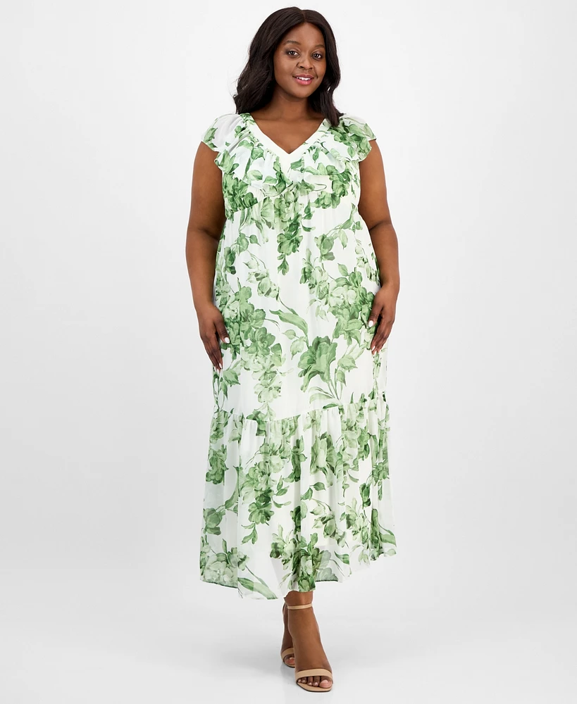 Taylor Plus Printed Chiffon Ruffle-Sleeve Maxi Dress