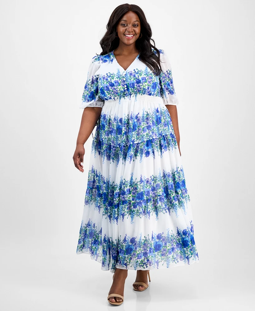 Taylor Plus Printed Tie-Sleeve Tiered Maxi Dress