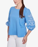 Ruby Rd. Petite Bella Blue Embroidered Three Quarter Sleeve Top