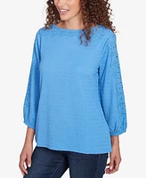 Ruby Rd. Petite Solid Textured Eyelet Sleeve Boat Neck Top