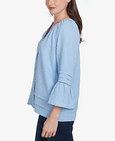 Ruby Rd. Petite Clip Dot Button Front Flared V-Neck Top