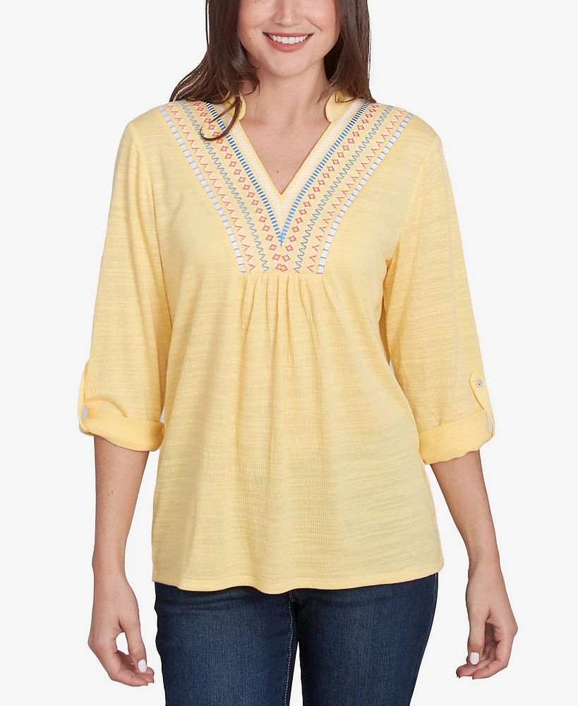 Ruby Rd. Petite Soft Relaxed Textured Trim V-Neck Top