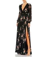 Women's Belted Floral Print Illusion Long Sleeve Gown