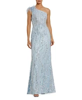 Women's Feathered One Shoulder Embroidered Applique Gown