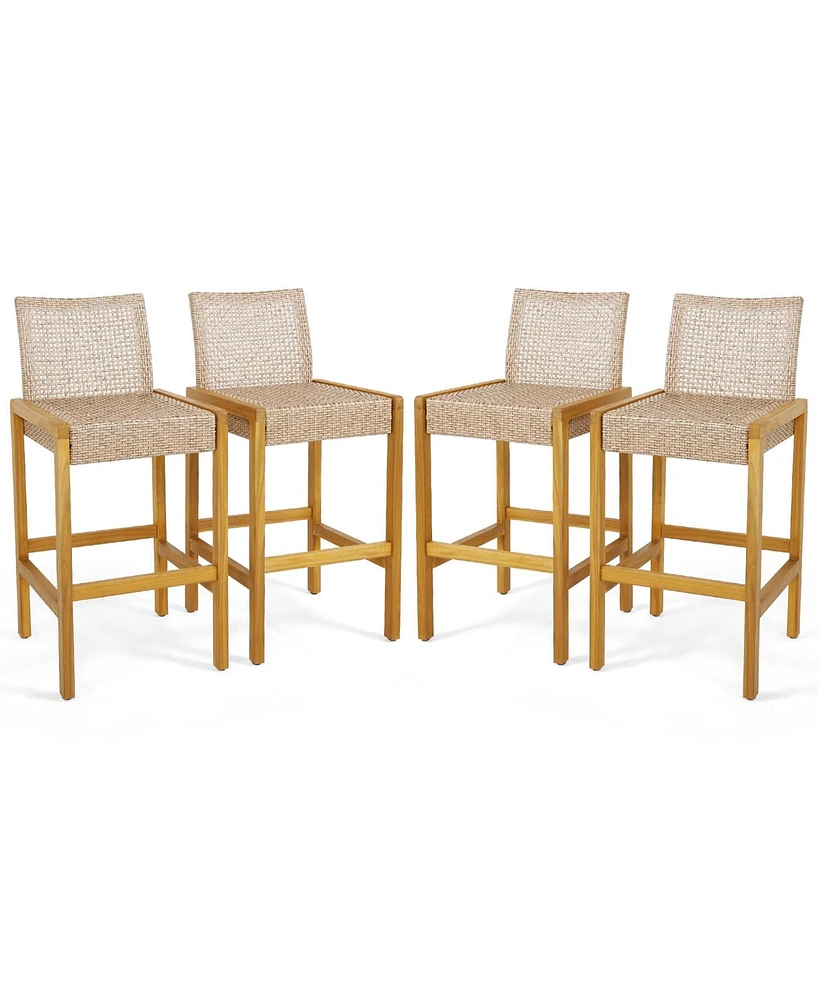 Set of 4 Patio Wood Barstools Rattan Bar Height Chairs with Backrest Porch Balcony