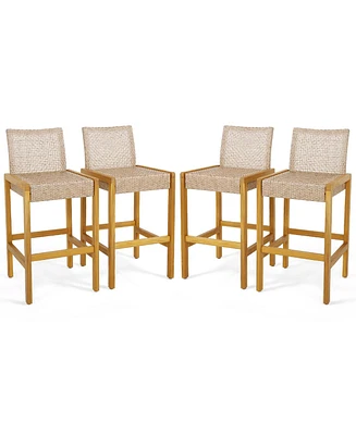 Set of 4 Patio Wood Barstools Rattan Bar Height Chairs with Backrest Porch Balcony