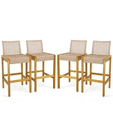 Set of 4 Patio Wood Barstools Rattan Bar Height Chairs with Backrest Porch Balcony